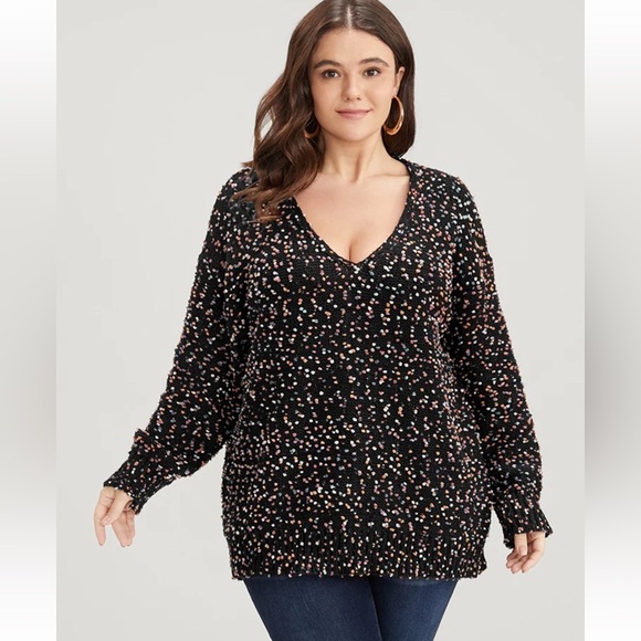 BloomChic Plus Size Color Ping Pong Yarns V Neck Popcorn Knit Top - Picture 1 of 8